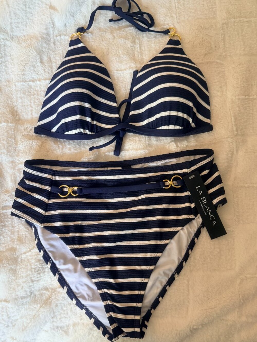 NWT La Blanca Nautical Navy & White Striped High-Neck Halter Bikini Set Size 10